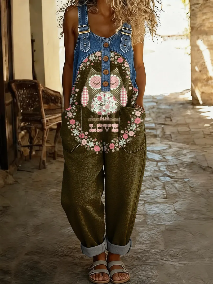 Women's Floral Owl Print Artistic Washed Cotton Denim Patchwork Jumpsuit